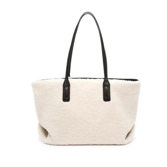 Crown Vintage Tote Bag Womens Sherpa Faux Shearling Vegan Leather Handles - Picture 1 of 12